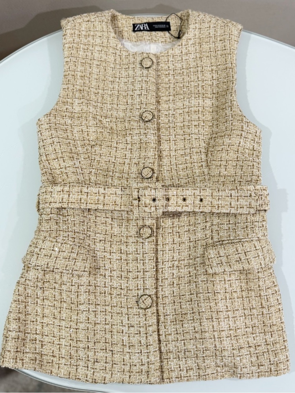 Zara Women's Textured Tweed Waist Coat Belt Long Vest Size M Blogger Fav - Picture 2 of 8
